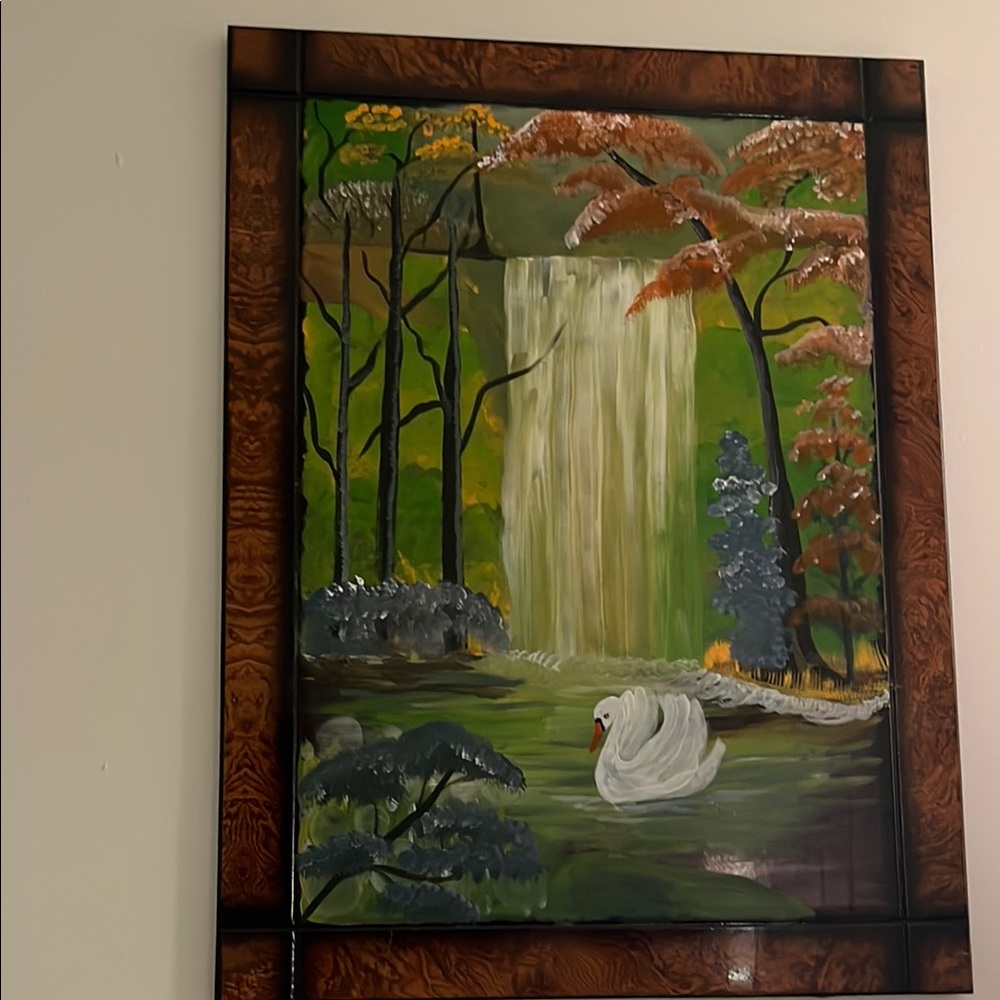 Authentic Original Vintage Style Green and Brown Waterfall Painting